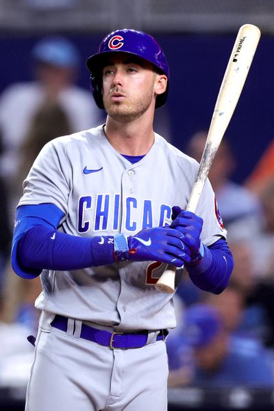 Cody Bellinger #24 of the Chicago Cubs at bat against the Miami Marlins during the ninth inning at loanDepot park on April 28, 2023 in Miami, Florida.