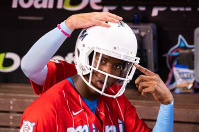 Jesús Sánchez wears a Marlins-themed football helmet after driving in the winning run on Saturday, June 4, 2022