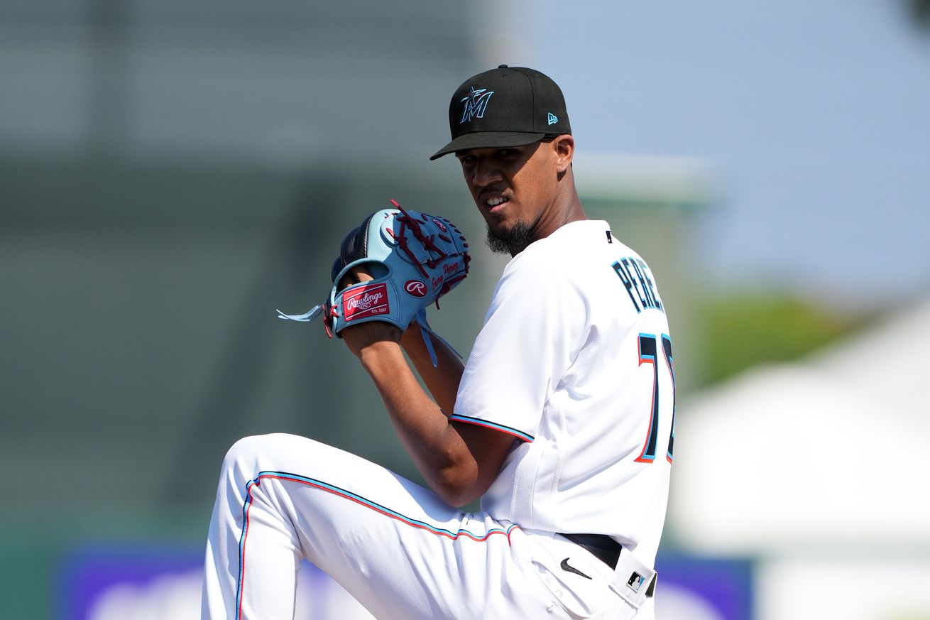 Eury Perez #76 of the Miami Marlins warms up prior to the third inning against the St. Louis Cardinals at Roger Dean Stadium on February 26, 2023 in Jupiter, Florida.