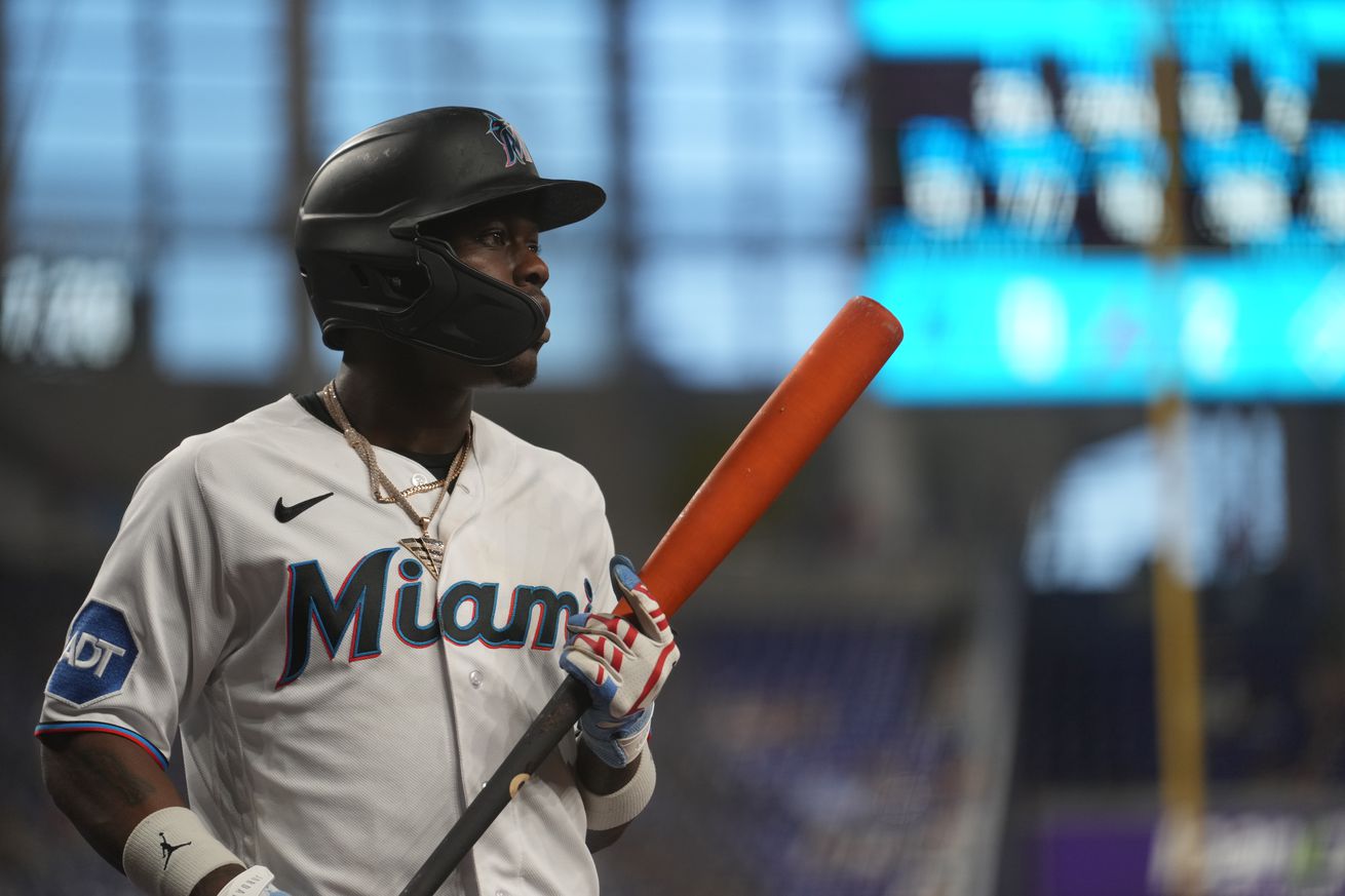 Miami Marlins center fielder Jazz Chisholm Jr. (2) watches the pitcher from the bating box during the game between the Atlanta Braves and the Miami Marlins on Tuesday, May 2, 2023 at LoanDepot Park in Miami, Fla.