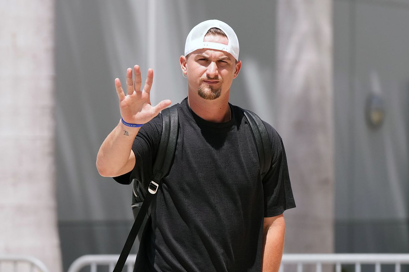 Braxton Garrett #29 of the Miami Marlins arrives prior to the game against the Atlanta Braves at loanDepot park on May 3, 2023 in Miami, Florida.