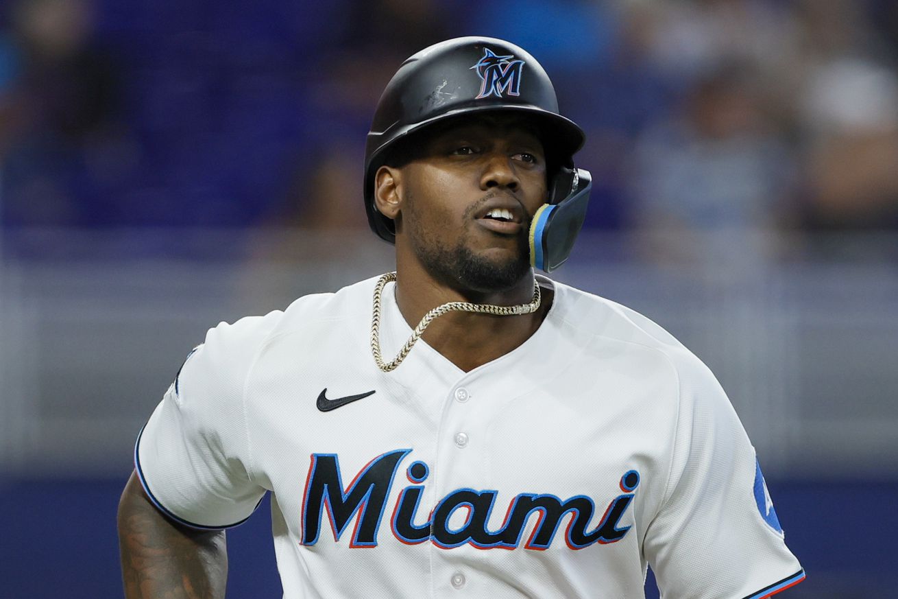 Jorge Soler #12 of the Miami Marlins circles the bases after hitting a two-run home run against the Atlanta Braves during the first inning at loanDepot park on May 04, 2023 in Miami, Florida.