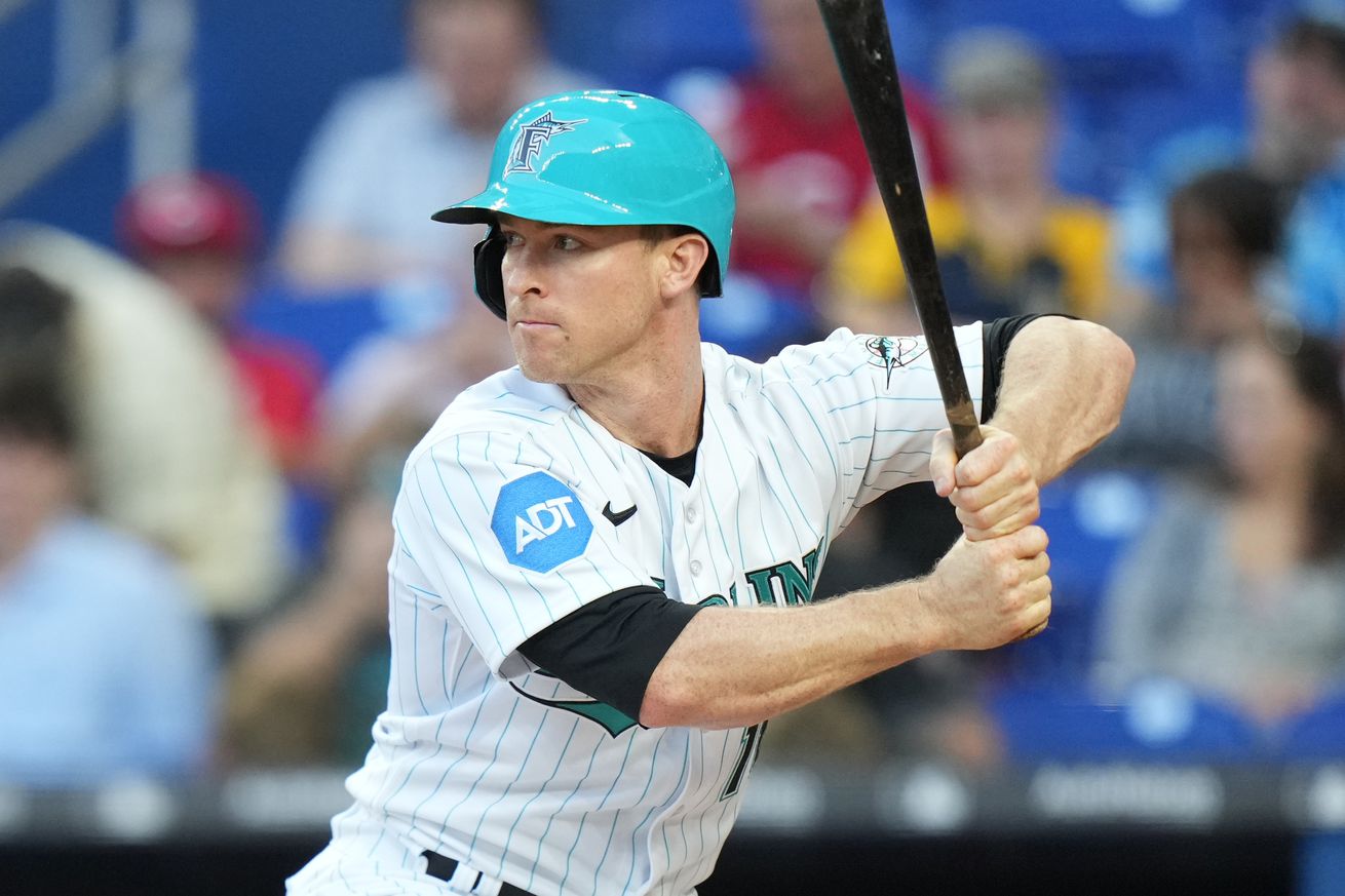 Miami Marlins shortstop Joey Wendle (18) bats for the Marlins during the game between the Cincinnati Reds and the Miami Marlins on Friday, May 12, 2023 at LoanDepot Park, Miami, Fla.