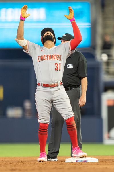 Henry Ramos #31 of the Cincinnati Reds celebrates after hitting a double during the eighth inning against the Miami Marlins at loanDepot park on May 13, 2023 in Miami, Florida.