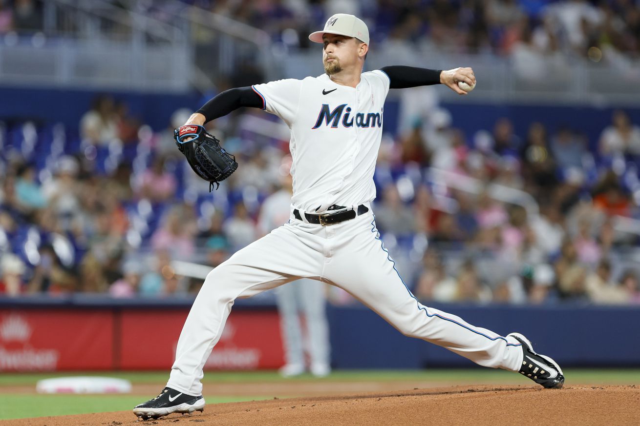 Braxton Garrett #29 of the Miami Marlins delivers a pitch against the Cincinnati Reds during the first inning at loanDepot park on May 14, 2023 in Miami, Florida.