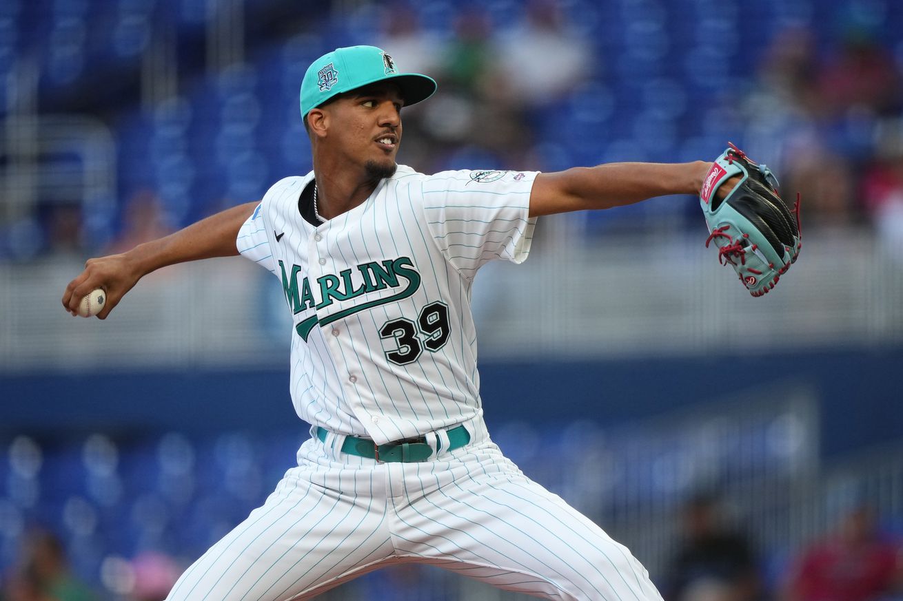 Eury Pérez #39 of the Miami Marlins delivers a pitch in the game against the Cincinnati Reds at loanDepot park on May 12, 2023 in Miami, Florida.