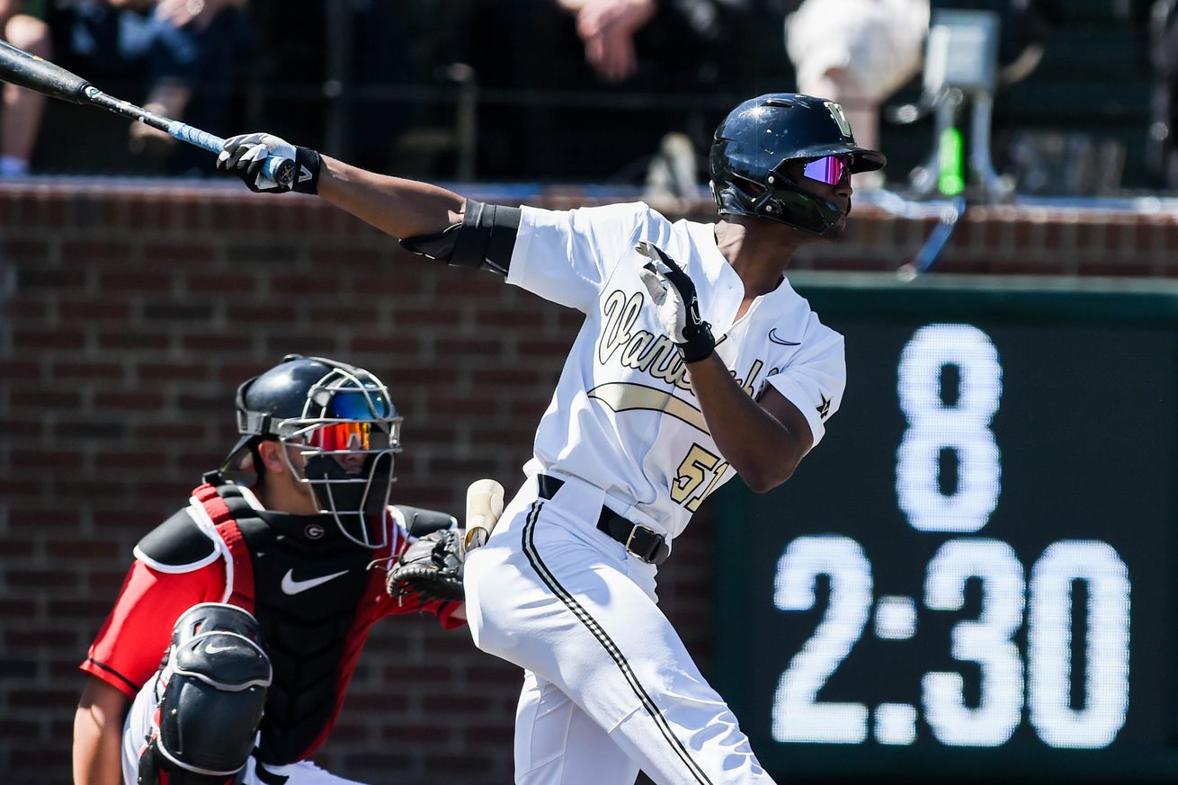 Enrique Bradfield Jr. #51 of the Vanderbilt Commodores bats against the Georgia Bulldogs at Hawkins Field on April 1, 2023 in Nashville, Tennessee.