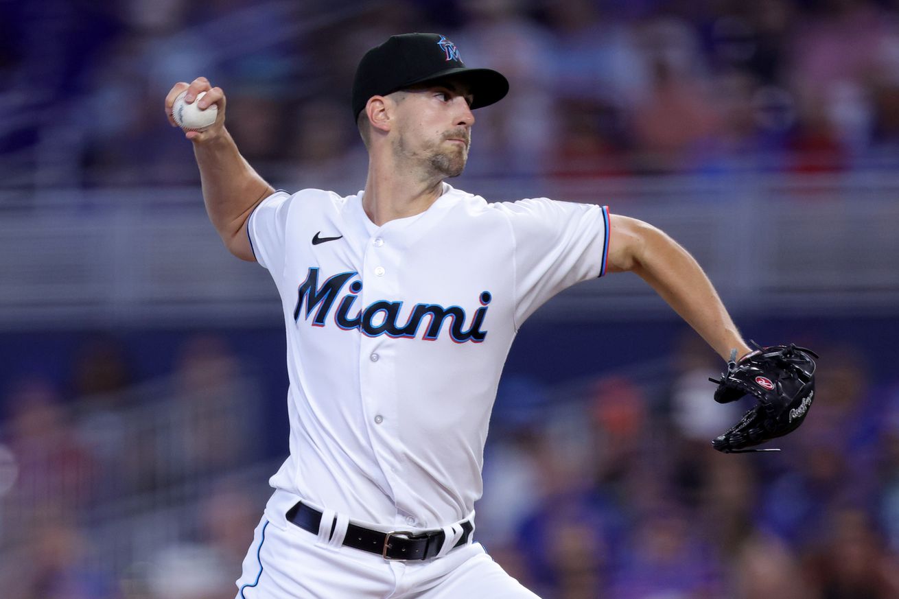 Bryan Hoeing #78 of the Miami Marlins delivers a pitch against the Chicago Cubs during the first inning at loanDepot park on April 30, 2023 in Miami, Florida.