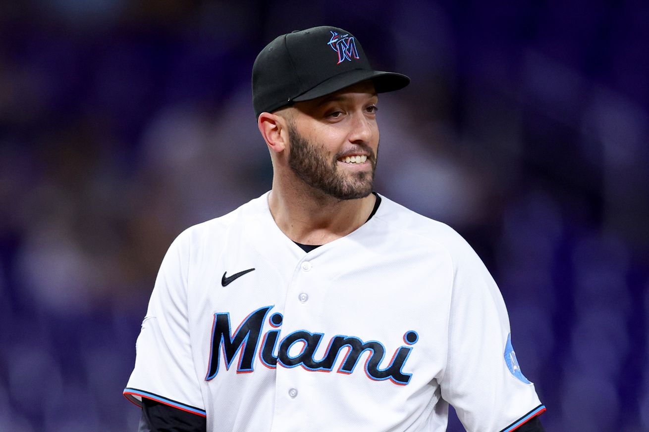 Jacob Stallings #58 of the Miami Marlins prepares to deliver a pitch against the Atlanta Braves during the ninth inning at loanDepot park on May 03, 2023 in Miami, Florida.