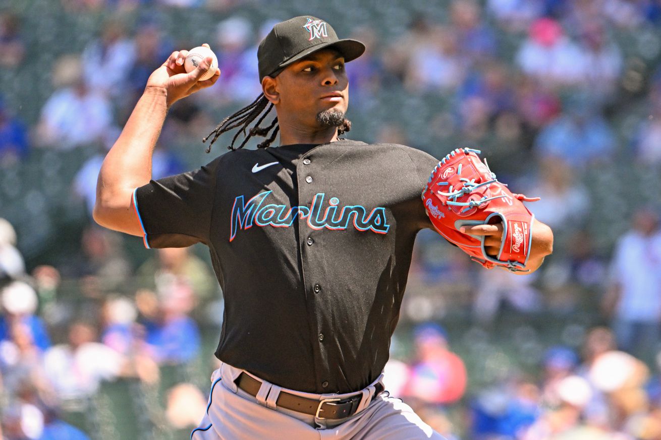 Edward Cabrera #27 of the Miami Marlins delivers the baseball in the first inning against the Chicago Cubs at Wrigley Field on May 05, 2023 in Chicago, Illinois.