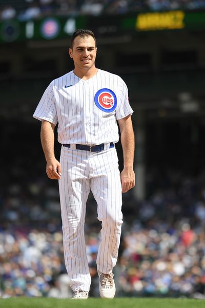 Matt Mervis #22 of the Chicago Cubs reacts after his RBI single in the eighth inning of his MLB debut against the Miami Marlins at Wrigley Field on May 05, 2023 in Chicago, Illinois.