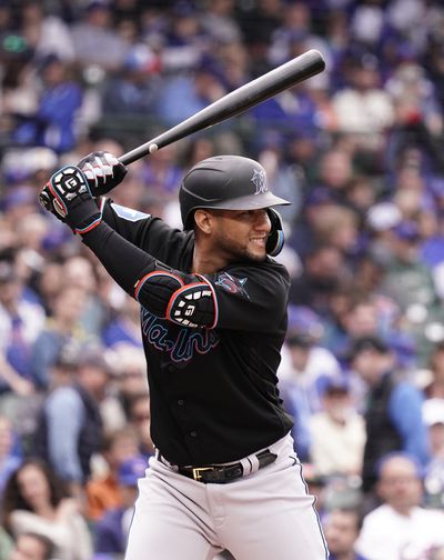 Yuli Gurriel #10 of the Miami Marlins bats against the Chicago Cubs at Wrigley Field on May 06, 2023 in Chicago, Illinois.