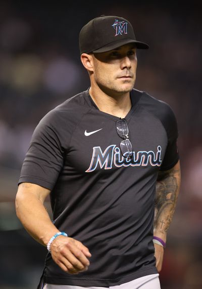 Manager Skip Schumaker #55 of the Miami Marlins walks to the dugout during the sixth inning of the MLB game against the Arizona Diamondbacks at Chase Field on May 08, 2023 in Phoenix, Arizona.