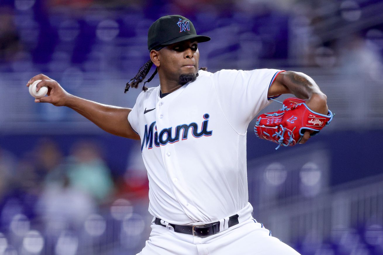 Edward Cabrera #27 of the Miami Marlins delivers a pitch against the Washington Nationals during the first inning at loanDepot park on May 17, 2023 in Miami, Florida.