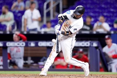 Luis Arraez #3 of the Miami Marlins hits a double during the eighth inning during eighth inning for his 500th career hit against the Washington Nationals at loanDepot park on May 17, 2023 in Miami, Florida.