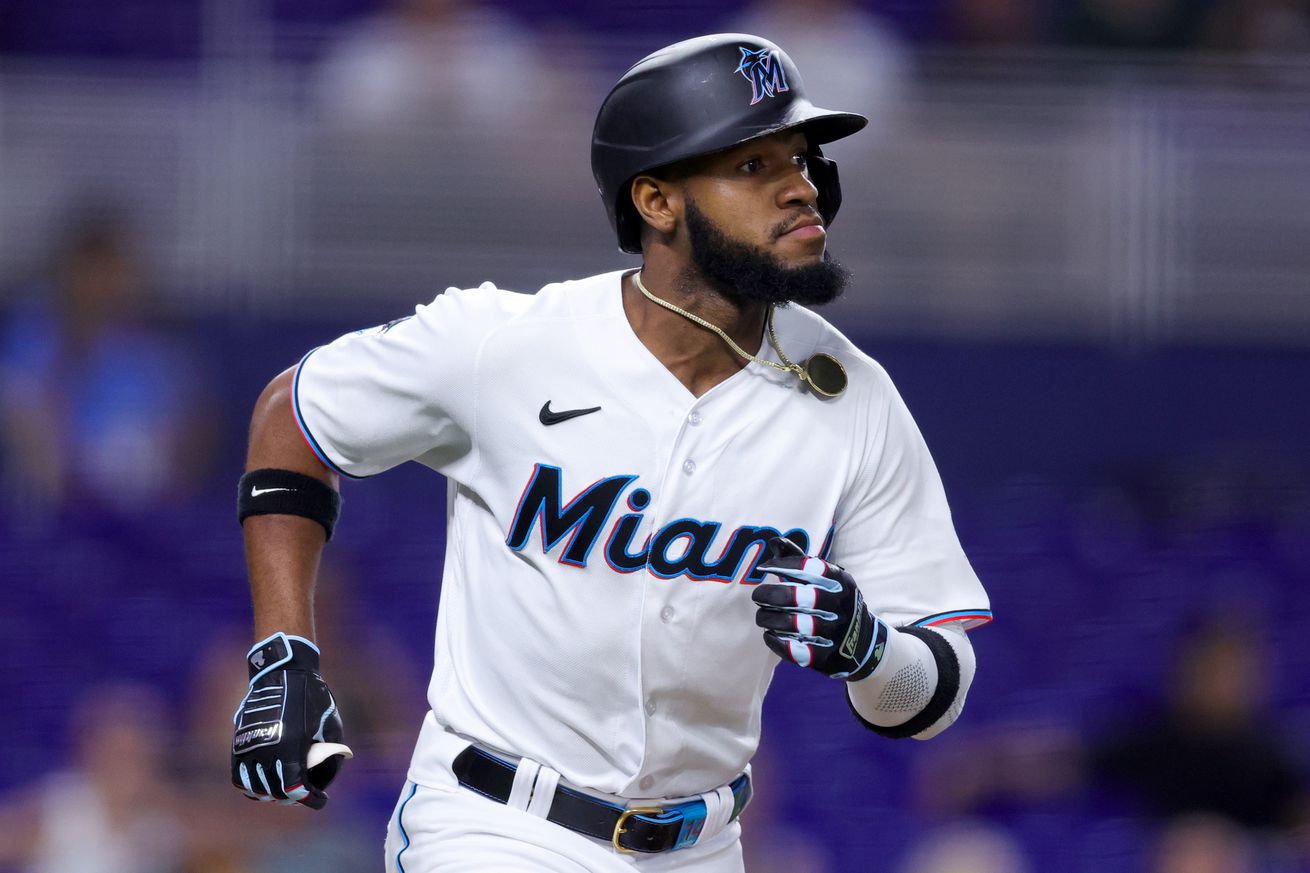 Bryan De La Cruz #14 of the Miami Marlins in action against the Washington Nationals during the fourth inning at loanDepot park on May 17, 2023 in Miami, Florida.