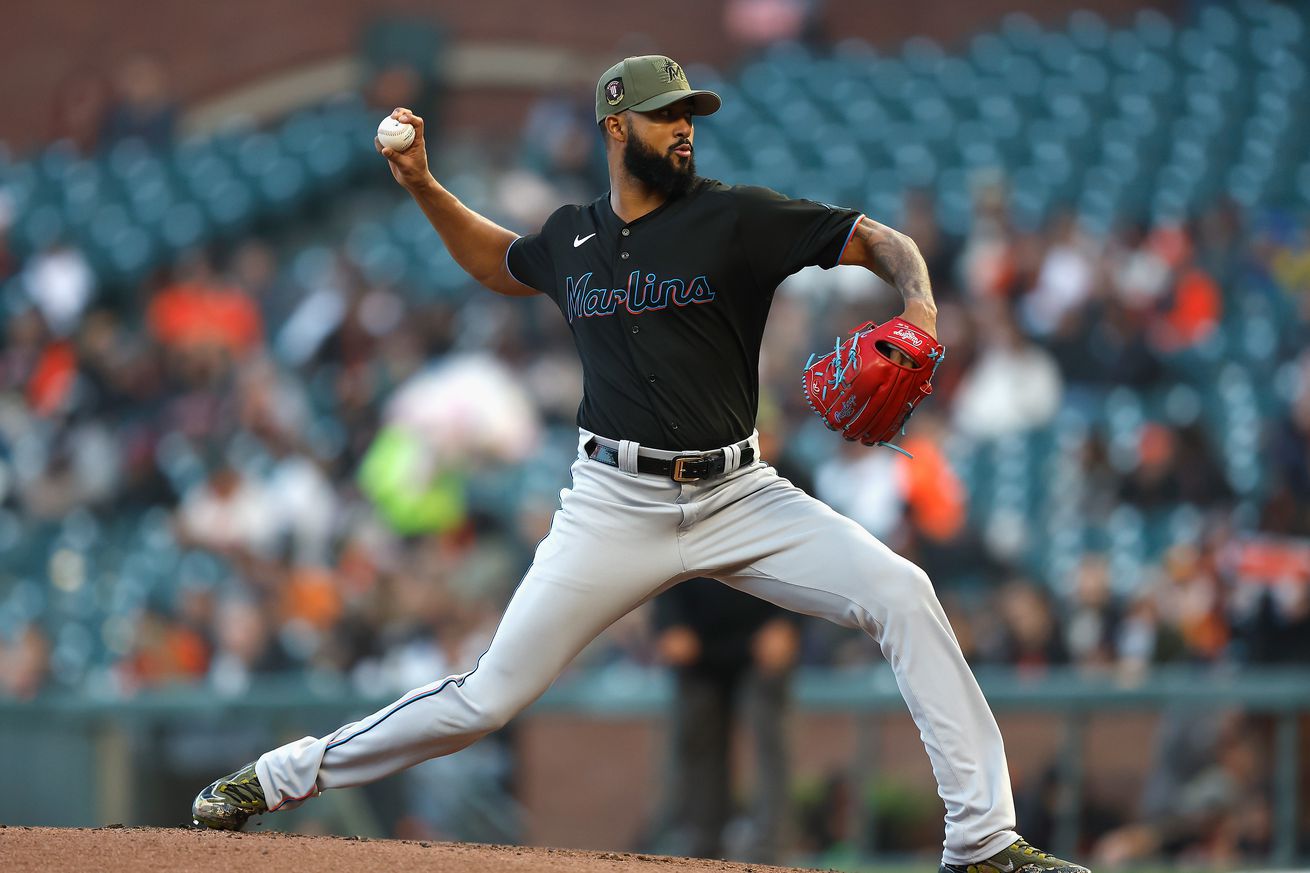 Sandy Alcantara #22 of the Miami Marlins pitches in the bottom of the first inning against the San Francisco Giants at Oracle Park on May 19, 2023 in San Francisco, California.