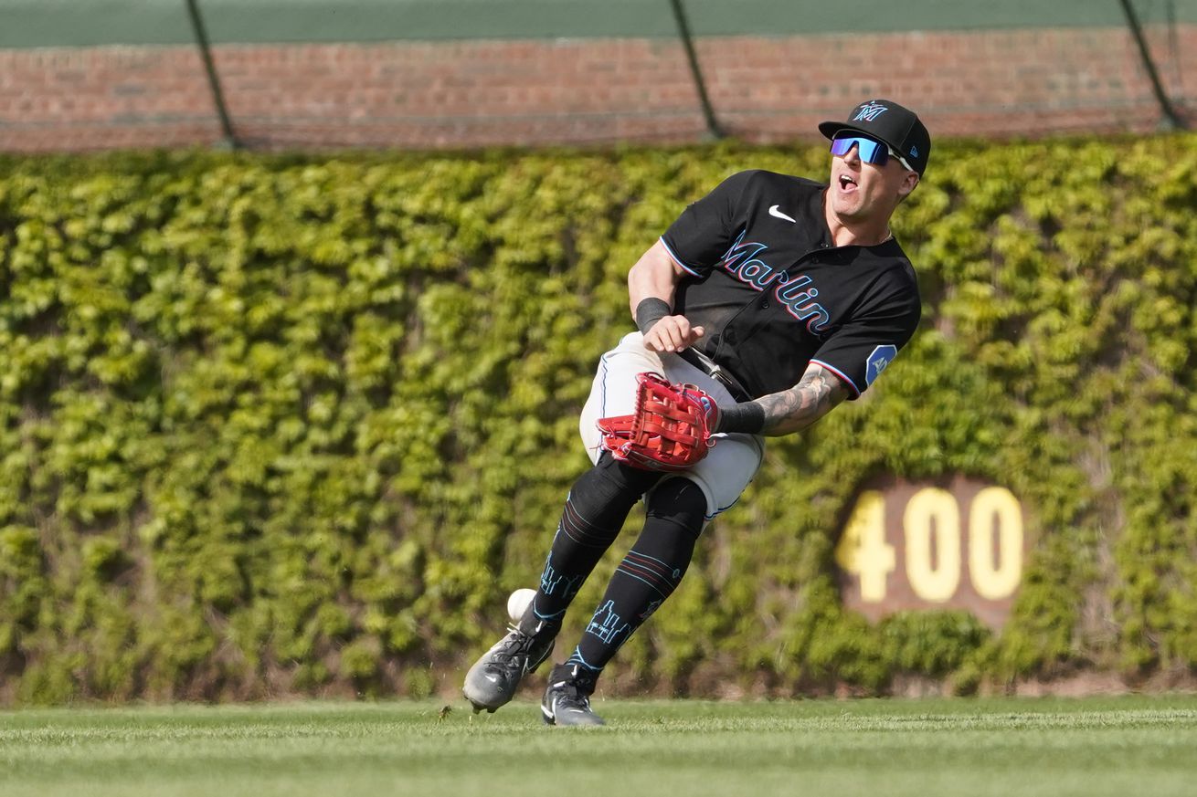 Miami Marlins right fielder Peyton Burdick (6) can t make a play on Chicago Cubs designated hitter Trey Mancini (not pictured) during the eighth inning at Wrigley Field.